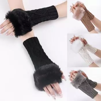 1 пара модных зимних вязаных варежек с полупальцами, короткие пушистые перчатки без пальцев, защита от холода хаки