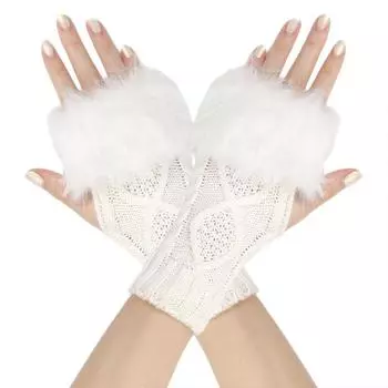 1 пара модных зимних вязаных варежек с полупальцами, короткие пушистые перчатки без пальцев, защита от холода светло-серый