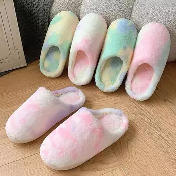 1 пара мягких нескользящих домашних тапочек для женщин, зимние пушистые тапочки с принтом тай-дай, плюшевые хлопковые тапочки 38-39 розовый