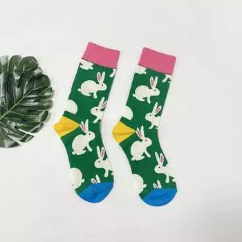 1 пара мультяшных милых носков до середины икры для женщин, с модным контрастным узором кролика, удобные, подходят для всех сезонов One Size