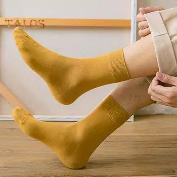 1 пара мужских носков без запаха, однотонные, эластичные, противоскользящие, дышащие, мягкие, теплые, впитывающие пот, противоусадочные, спортивные хлопковые носки жёлтый