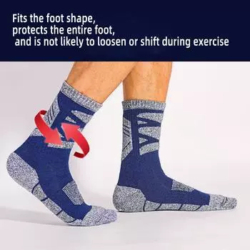 1 пара мужских носков, толстые носки с махровой подошвой для походов, хлопковые, впитывающие пот, дезодорирующие, дышащие, средней длины, спортивные носки L синий