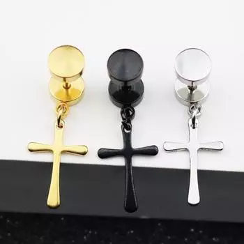 1 пара мужских висячих сережек сплошного цвета с гладкой поверхностью и гальваническим покрытием в форме креста серебряный