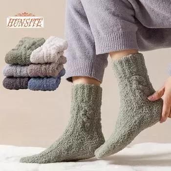 1 пара мужских зимних носков, средней длины, коралловый флис, утолщенные, теплые и мягкие, эластичные, противоскользящие, без запаха, впитывают пот, однотонные, спортивные носки бежевый