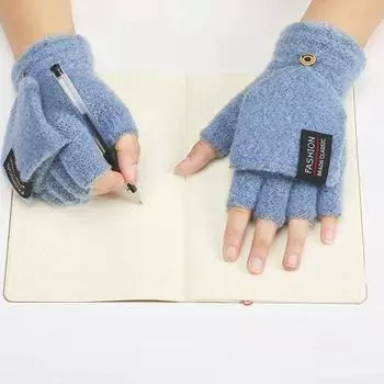 1 пара мужских зимних перчаток с откидным чехлом, утолщенные трикотажные эластичные нескользящие перчатки, однотонные термоизоляционные перчатки без пальцев для езды на велосипеде синий