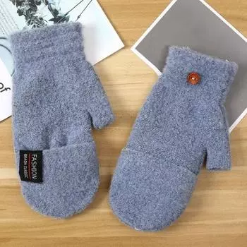 1 пара мужских зимних перчаток с откидным чехлом, утолщенные трикотажные эластичные противоскользящие перчатки, однотонные термоизоляционные перчатки без пальцев серый