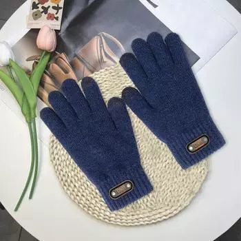 1 пара мужских зимних велосипедных перчаток ветрозащитные вязаные толстые эластичные противоскользящие мягкие пять пальцев сплошной цвет с сенсорным экраном утолщенные теплые мужские перчатки темно-синий