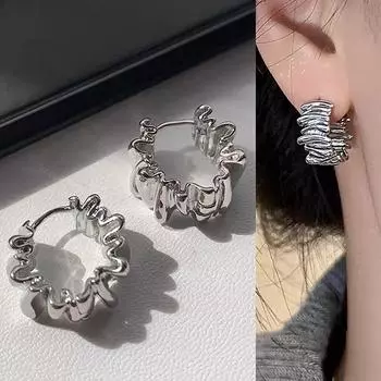 1 пара нерегулярных плиссированных металлических сережек-колец, французские круглые пряжки для ушей для женщин и девочек, винтажные украшения для ушей серебряный
