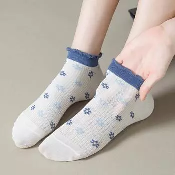 1 пара низких носков с рюшами из дышащей сетки и эластичной повседневных весенних супермягких синих носков синий