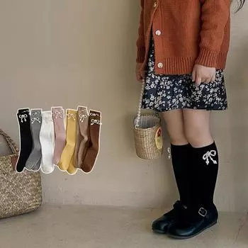 1 пара носков для девочек, милые носки принцессы из телячьей кожи, милые носки с перламутровым бантом для детей, весна-осень, мягкие хлопковые школьные детские носки