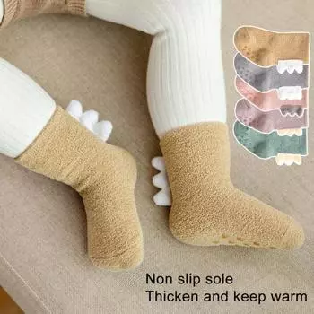 1 пара носков для малышей, толстые красивые нескользящие подошвы, трехмерные мягкие согревающие детские носки из кораллового флиса в стиле динозавра для сна M хаки