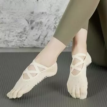 1 пара носков для пилатеса с завязками, носки для йоги с пятью пальцами, профессиональные женские нескользящие носки для йоги One size fits all чёрный