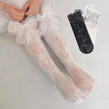1 пара носков до середины икры, кружевные полые дышащие надувные носки в японском стиле, бархатные детские носки с бантом белый