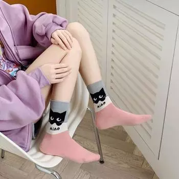 1 пара носков Kawaii с принтом мультяшного кота, женские милые носки для школьниц в стиле колледжа, повседневные носки средней длины в стиле Харадзюку в стиле ретро зелёный