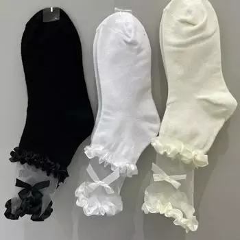1 пара носков Lolita Lace Bow Medium Socks для девочек, черные, белые, JK, корейские, мягкие, хлопковые, дышащие, повседневные, кавайные, женские one size чёрный