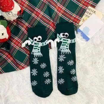 1 пара носков ручной вязки с мультяшным магнитом, вязаные, сочетающиеся по цвету, в рождественском стиле, эластичные, нескользящие, теплые, без запаха, праздничные, новогодние, средней длины носки белый