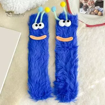 1 пара носков с героями мультфильмов, забавные выражения, украшения с животными, большие глаза, толстые, пушистые, плюшевые, сохраняющие тепло, осенне-зимние носки-тапочки, праздничный подарок белый