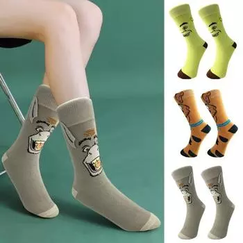 1 пара носков с изображением животных из мультфильмов, хлопковые носки средней длины, эластичные манжеты в рубчик, носки для походов, спорта, машинная стирка, сохраняющие тепло, нескользящие, повседневные чулки жёлтый