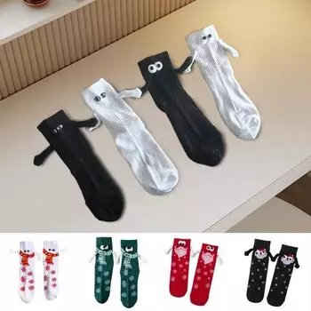 1 пара носков с мультяшным магнитом, связанных вручную, в рождественском стиле, эластичных, нескользящих, теплых белый
