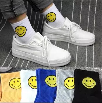 1 пара носков с улыбкой на лице, полосатые школьные носки в стиле Харадзюку, корейские носки для девочек жёлтый