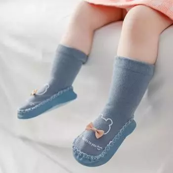 1 пара носков-тапочек с мультяшным рисунком, противоскользящие хлопковые длинные носки-тапочки для малышей, дети L синий