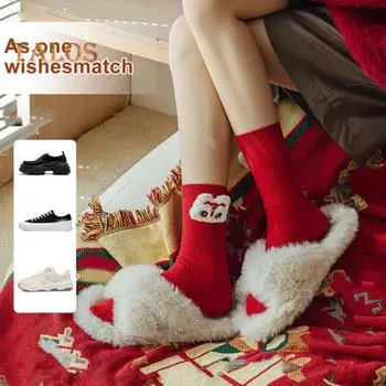 1 пара новогодних носков средней длины с рисунком дракона и бантом, декор, высокая эластичность, противоскользящие, толстые, теплые, мягкие, дышащие, праздничные носки для взрослых One Size A