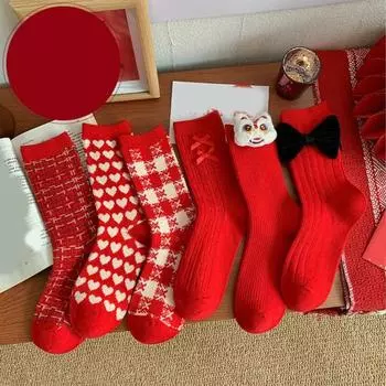 1 пара новогодних носков средней длины с рисунком дракона и бантом, декор, высокая эластичность, противоскользящие, толстые, теплые, мягкие, дышащие, праздничные носки для взрослых A