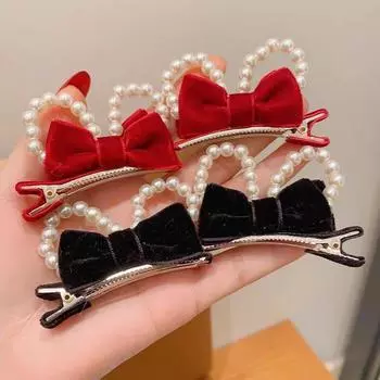 1 пара новогодних заколок для волос с жемчужным бантом, заколки для волос с милым бантом, заколка для волос с боковой челкой для девочек, новогодние головные уборы, аксессуары для волос чёрный