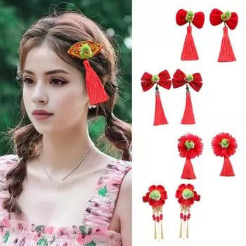 1 пара новогодних заколок-клипс с бантом и кисточками для детей B