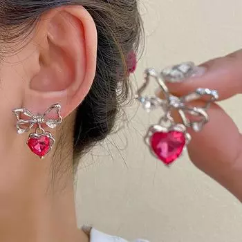 1 пара новых модных женских серег с геометрическим рисунком в форме сердца с красным цирконием и бантом