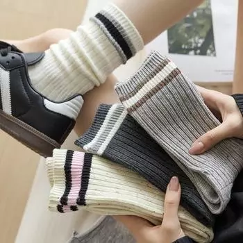 1 пара новых женских носков, осенние и зимние, хлопковые, трикотажные, эластичные, длинные, японские, модные, полосатые, в стиле Харадзюку, ретро, уличная одежда, носки One size