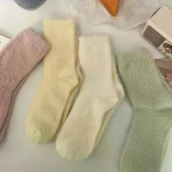 1 пара новых женских однотонных уютных носков из норкового бархата, зимние чулочно-носочные изделия, утолщенные теплые, чистого цвета, для сна, на полу, для дома, пушистые носки Harajuku 1pairs