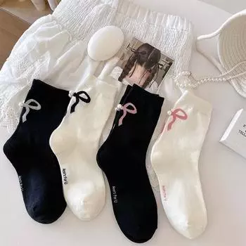 1 пара однотонных черно-белых длинных женских носков с жемчужным бантом JK Sweet Girls, носки средней длины в балетном стиле, Лолита, милые женские носки Kawaii 34-39 yards