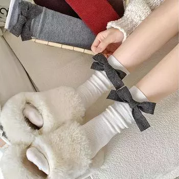 1 пара однотонных носков для отдыха с бантом, универсальные однотонные утолщенные носки без косточек из шерсти темный кофе