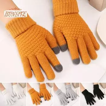 1 пара однотонных вязальных перчаток с полными пальцами, флисовая подкладка, высокая эластичность, сенсорный экран унисекс, утолщенные перчатки, принадлежности для велоспорта оранжевый