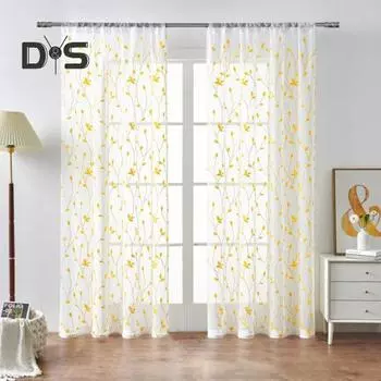 1 пара оконных занавесок, полупрозрачных, декоративных, дышащих, в пасторальном стиле, с вышивкой листьев, проходящих через машинную стирку, для украшения дома, прозрачных занавесок на окна S жёлтый
