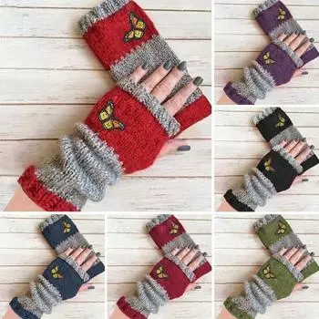 1 пара осенне-зимних перчаток без пальцев с вышивкой в виде бабочек, высокоэластичные, нескользящие, утеплители для рук вино красного