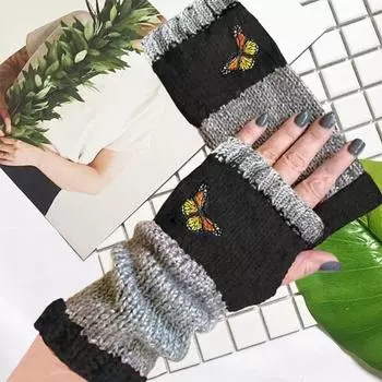 1 пара осенне-зимних перчаток без пальцев с вышивкой в виде бабочек, высокоэластичные, нескользящие, утеплители для рук вино красного