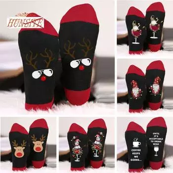 1 пара осенне-зимних рождественских носков средней длины, Санта-Клаус, олень, снеговик, узор в виде чашки вина, длинные носки с цветными блоками, милые носки с героями мультфильмов E