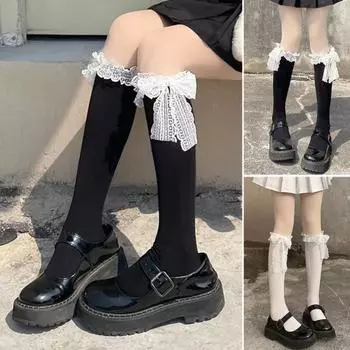 1 пара осенне-зимних женских чулок, кружевные однотонные сексуальные утолщенные чулки в стиле Лолиты на шнуровке, уличная одежда белый