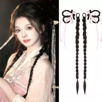 1 пара париков для головных уборов, повязки на голову с хвостиком, бант из жареного теста, парик с косичками для женщин чёрный/естественный