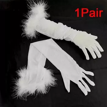 1 пара перьевых кружевных элегантных перчаток 55 см черного шелка для невесты, этикетные варежки с длинным рукавом для косплея, прозрачная сетка, свадебный декор белый