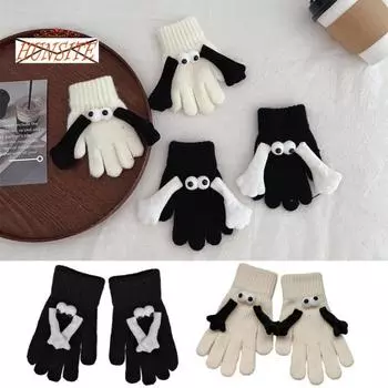 1 пара перчаток для пар, магнитная присоска, трикотажные полные пальцы, забавные большие глаза, зимние теплые перчатки M чёрный