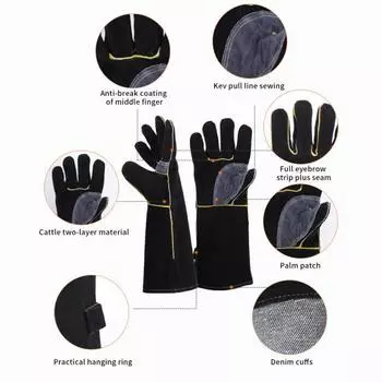 1 пара перчаток для сварки с удлиненным рукавом, огнестойкие, износостойкие, прочные, сшитые, впитывающие пот, превосходная защита, нескользящие 35cm чёрный