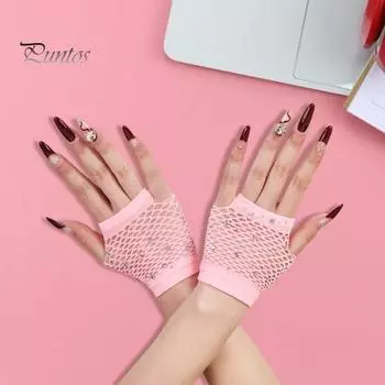 1 пара перчаток для выступлений, ажурные сетчатые, тонкие, со стразами, высокоэластичные, без пальцев, тонкие, прозрачные, для косплея, клуба, вечеринок, фестивалей розовый