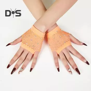 1 пара перчаток для выступлений, ажурные сетчатые, тонкие, со стразами, высокоэластичные, без пальцев, тонкие, прозрачные, для косплея, клуба, вечеринок, фестивалей красный