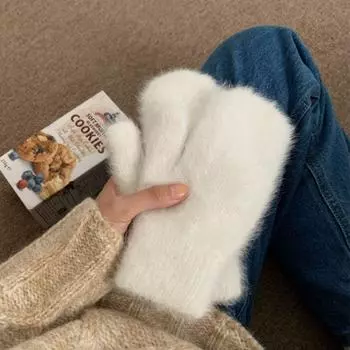 1 пара перчаток из искусственной кроличьей шерсти, женские плюшевые утолщенные теплые варежки, однотонные вязаные зимние перчатки, перчатки с закрытыми пальцами