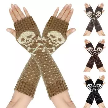 1 пара перчаток осень-зима без пальцев с принтом черепа, трикотажные, высокоэластичные, нескользящие, нарукавники сохраняют тепло, ветрозащитные, в стиле Хэллоуина, унисекс, для велоспорта чёрный