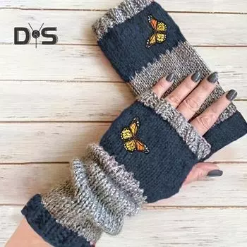 1 пара перчаток осень-зима без пальцев вязаные с вышивкой в виде бабочек высокоэластичные нескользящие рукава цветные нарукавники сохраняют тепло ветрозащитные красный