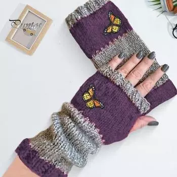 1 пара перчаток осень-зима без пальцев вязаные с вышивкой в виде бабочек высокоэластичные нескользящие рукава цветные нарукавники сохраняют тепло ветрозащитные вино красного